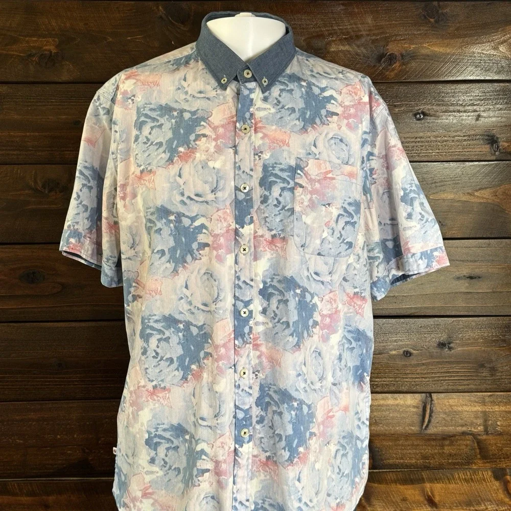 7 Diamonds Shirt  Abstract Print Polyester Cotton Blue Denim Collar Men's Size M